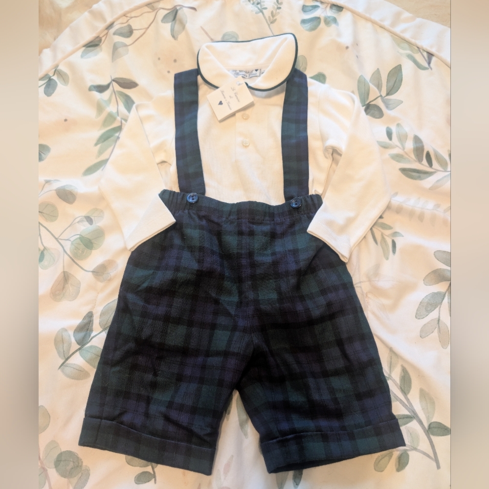 New Baby Boy Tartan Plaid Merino Wool Suspender White Shirt Christmas Set 12-18